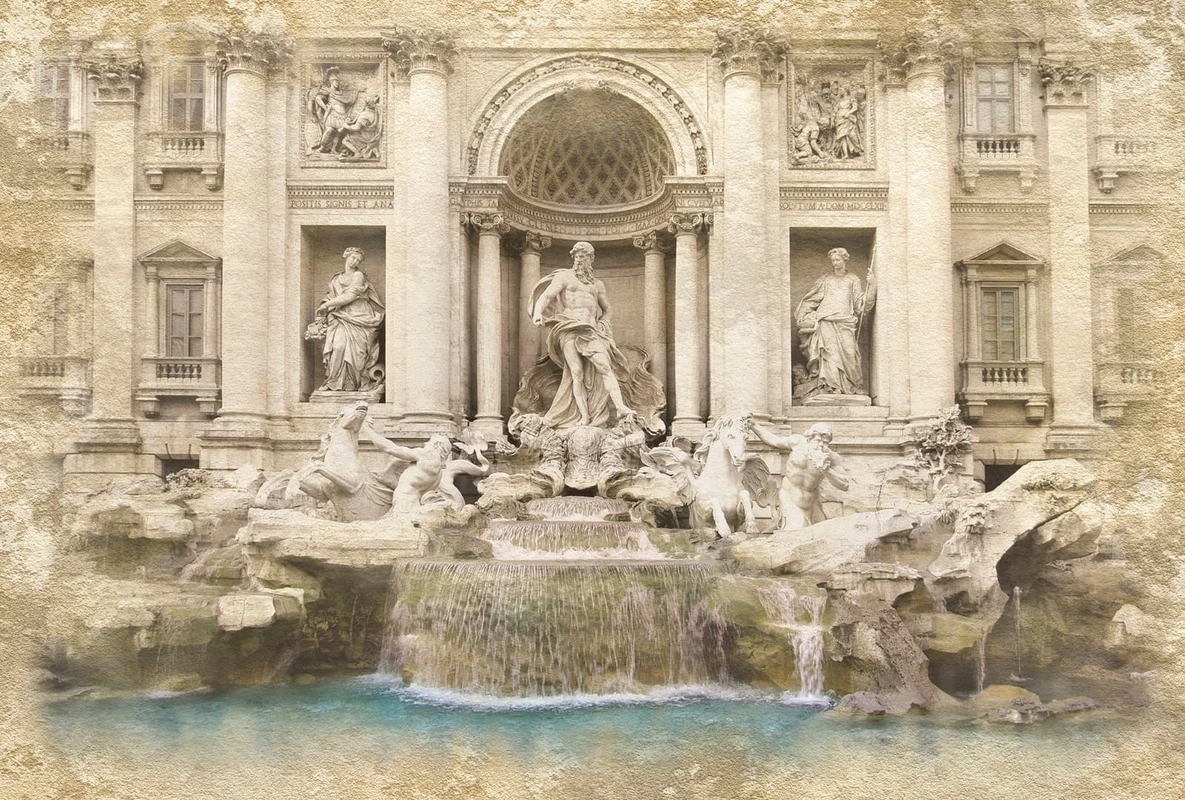Фотообои на стену - графика, римский фонтан, бежевые