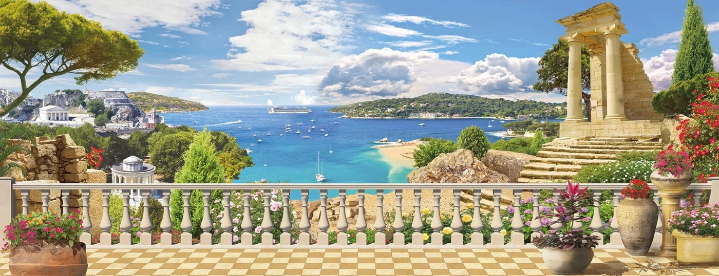 Фотообои и фрески на стену - пейзаж, развалины, терасса, колонны, море