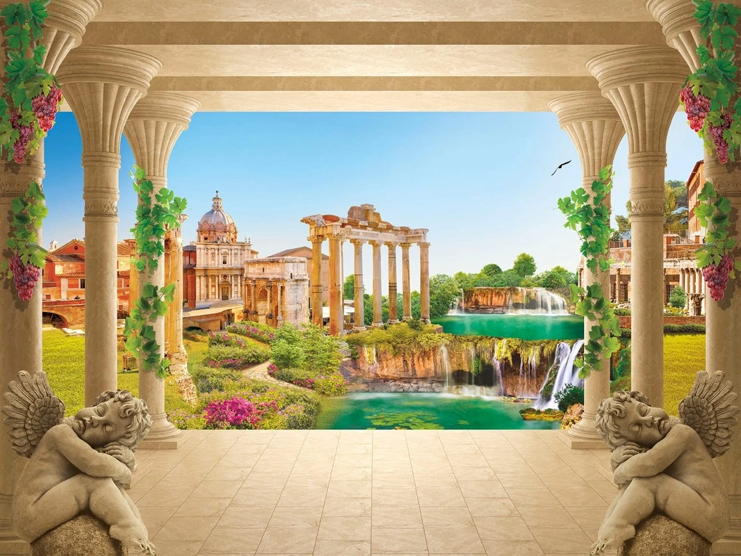 Фотообои и фрески на стену - пейзаж, развалины, колонны, водопад, яркие