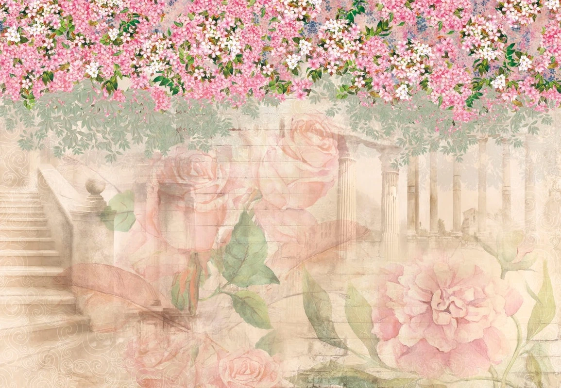 Фотообои и фрески на стену - пейзаж, развалины, светлые, розовые, розы, цветы