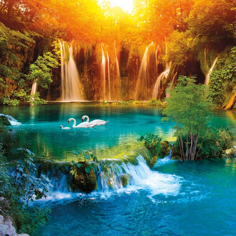 Фотообои и фрески на стену - пейзаж, водопад, лебеди, закат, рассвет, яркие