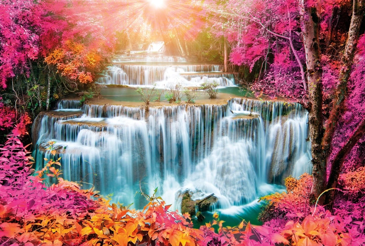 Фотообои на стену - пейзаж, водопад, терассы, кусты, фуксия