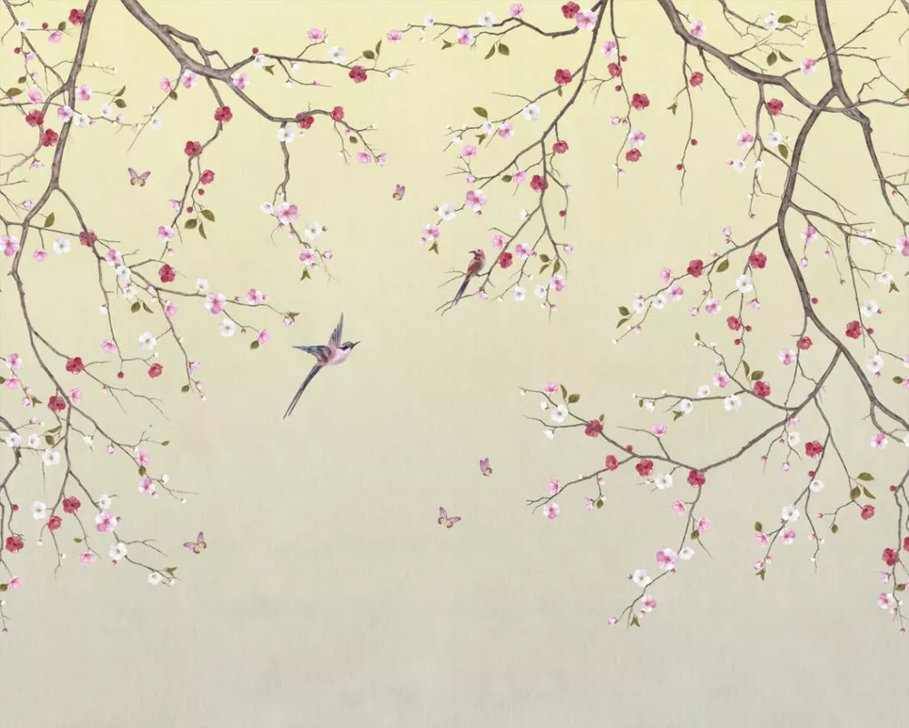 Фотообои и фрески на стену - розовые, птицы, ветви, светло-розовые, белые