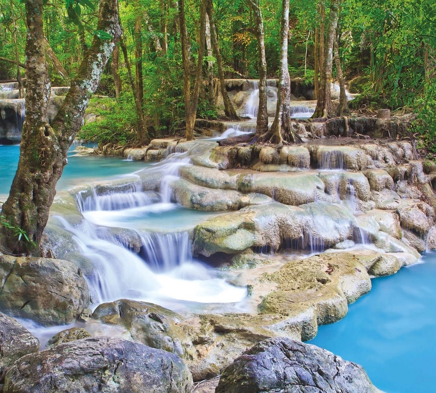 Фотообои и фрески на стену - пейзаж, водопад, терассы, деревья, голубая