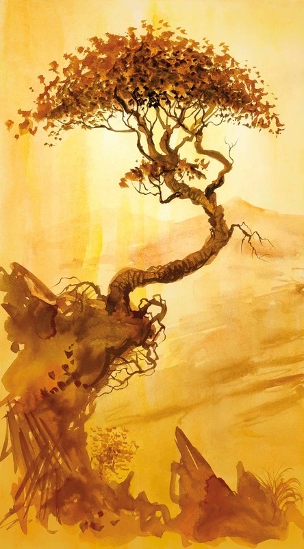 Фотообои и фрески на стену - в гостиницу, восточные, японские, китайские, золотые, желтая, дерево, коричневая