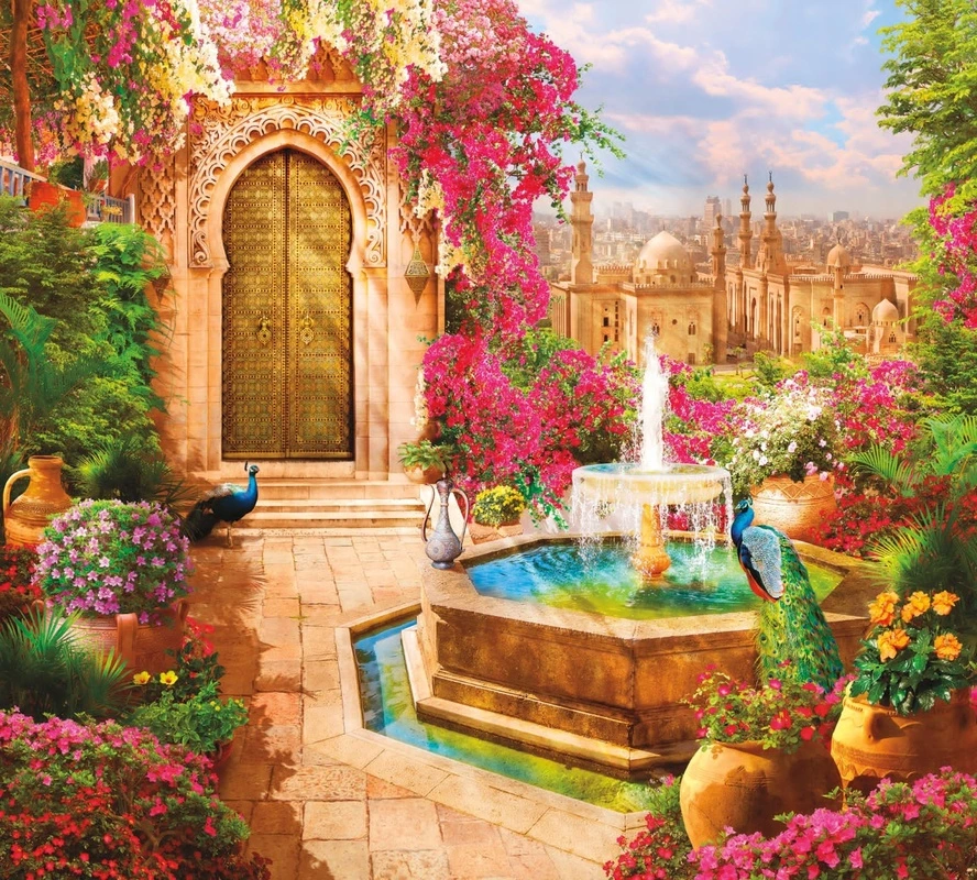 Фотообои и фрески на стену - пейзаж, восточные, фонтан, павлин