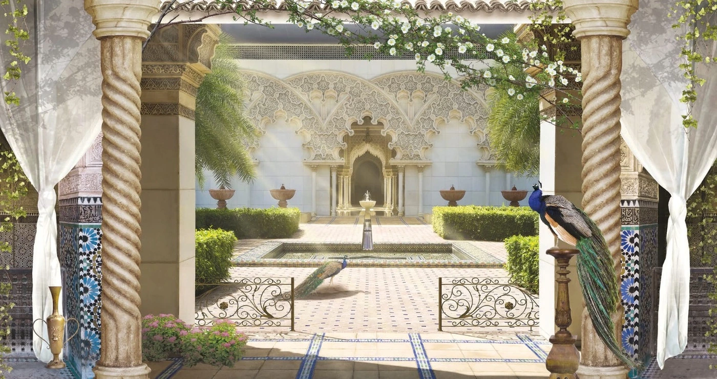 Фотообои и фрески на стену - пейзаж, восточные, павлин, колонны