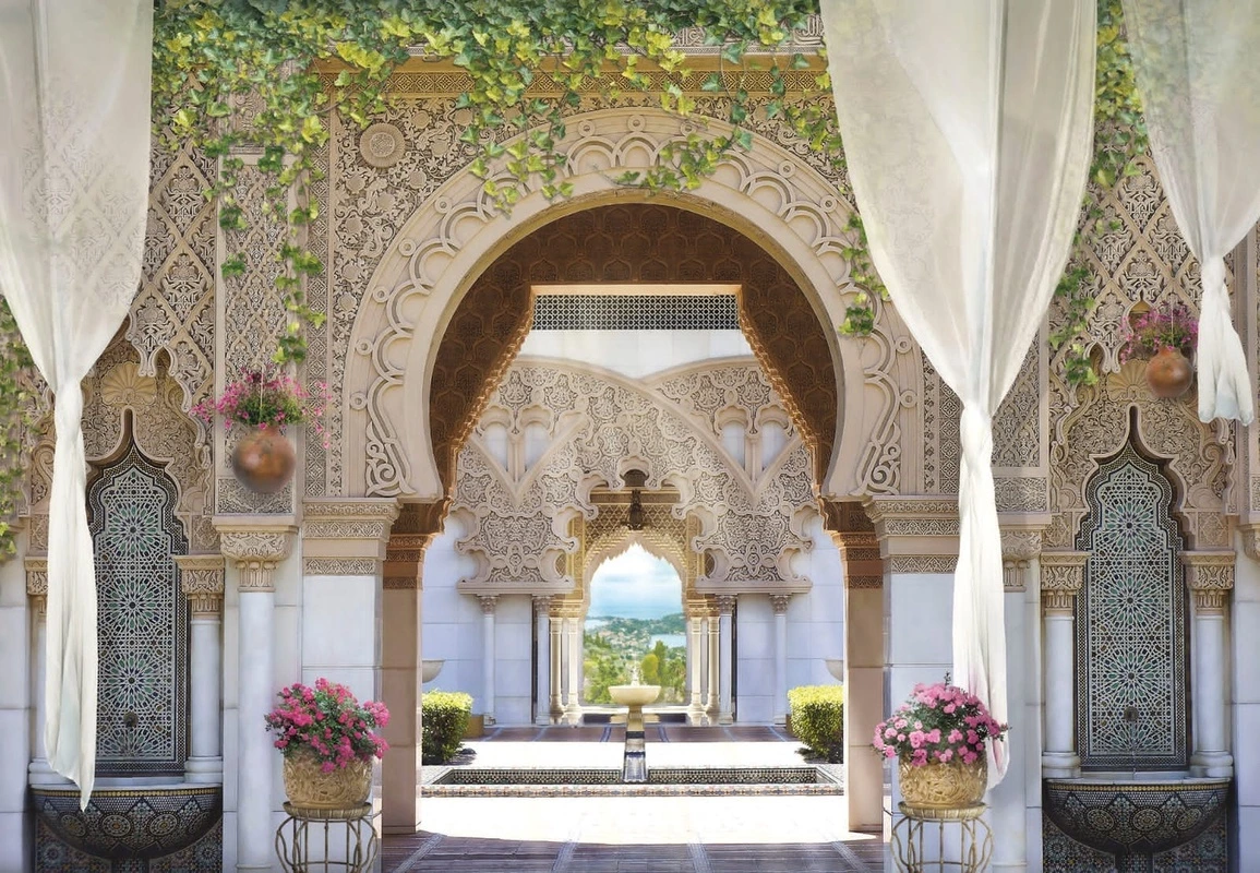 Фотообои на стену - пейзаж, восточные, арка, шторы