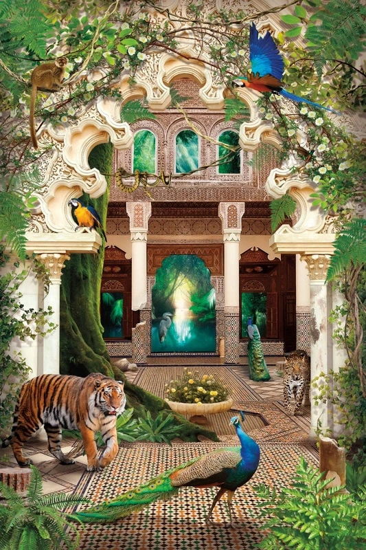 Фотообои и фрески на стену - пейзаж, восточные, тигр, павлин