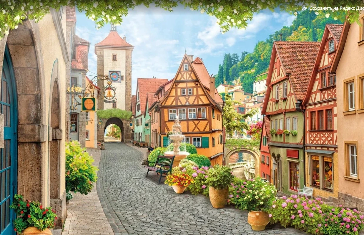 Фотообои и фрески на стену - улочки, европейские, башня с часами