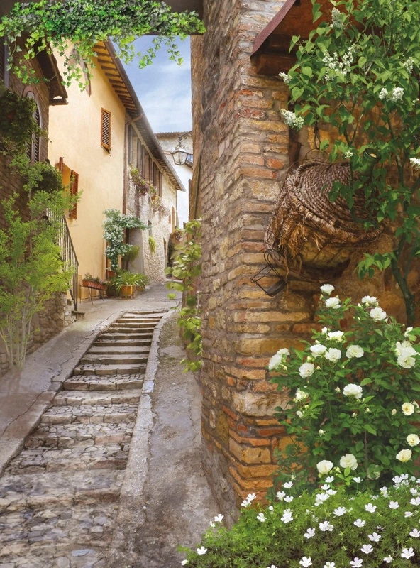 Фотообои и фрески на стену - улочки, европейские, с белыми цветами