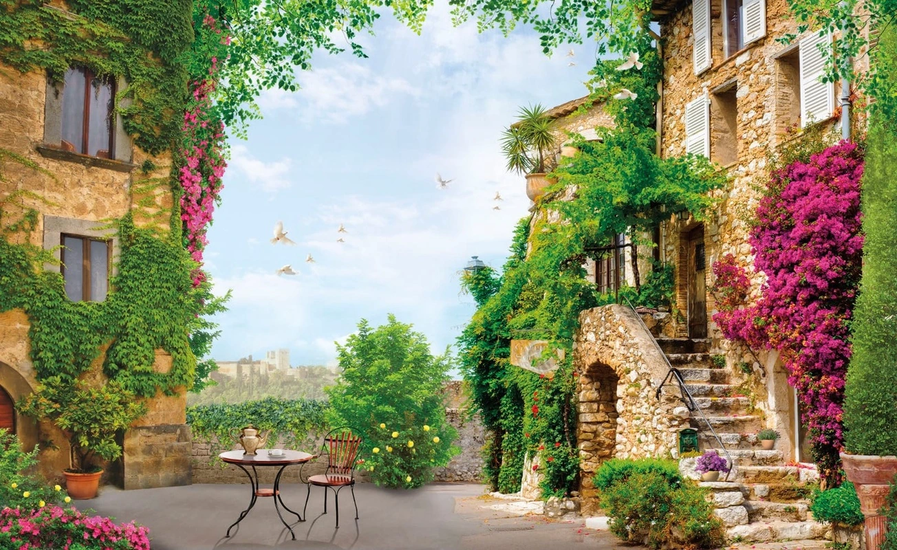 Фотообои на стену - улочки, лесенка в цветах, зеленая