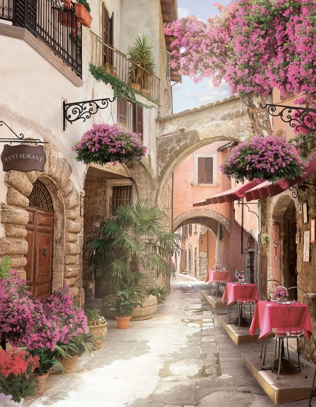 Фотообои и фрески на стену - улочки, европейские, с аркой, сиреневые цветы, столики кафе, сиреневая