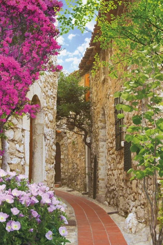 Фотообои на стену - улочки, европейские, с цветами, розовая, фуксия