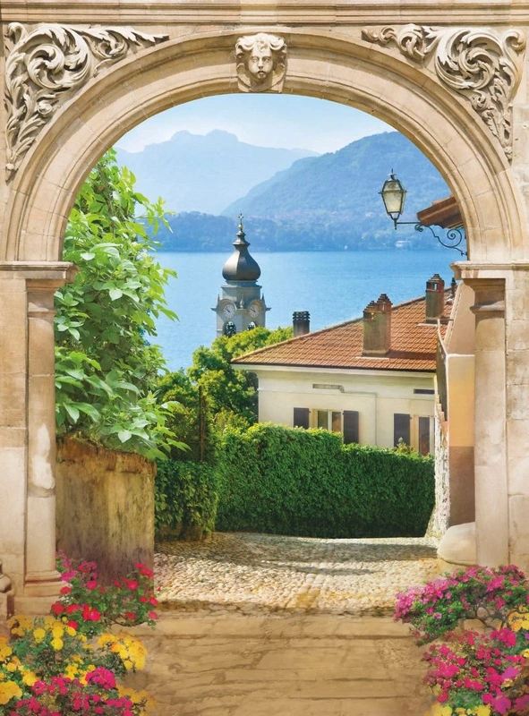 Фотообои и фрески на стену - улочки, арка, европейские, с видом на море, горы, церковь