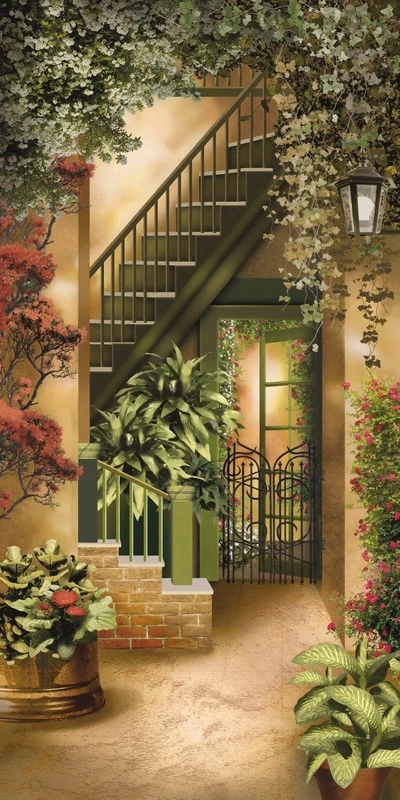 Фотообои на стену - улочки, европейские, розовое дерево, лестница