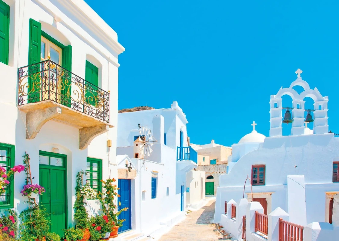 Фотообои на стену - улочки, города, голубая, белые, зеленая