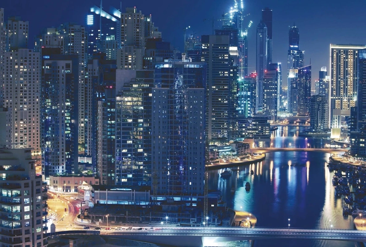 Фотообои на стену - в офис, город, мегаполис, синий, ночной, желтые