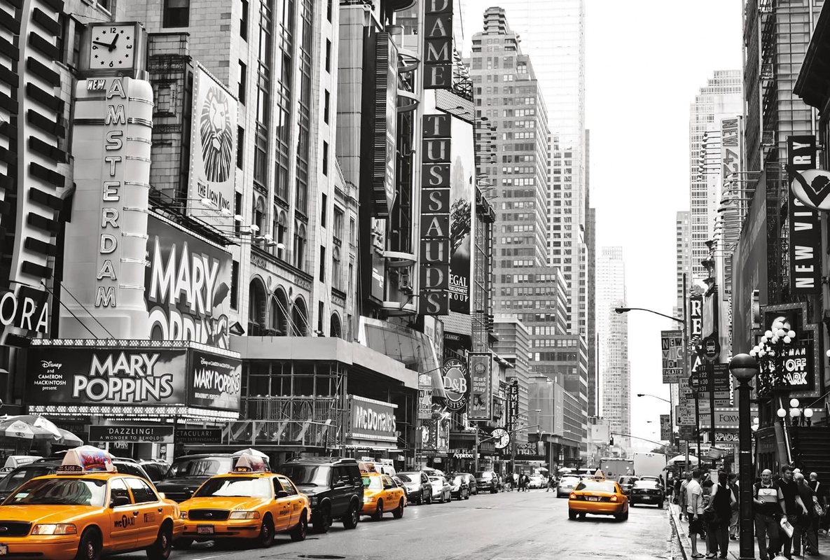 Фотообои и фрески на стену - в офис, мегаполис, город, черно-белые, желтые такси, улица