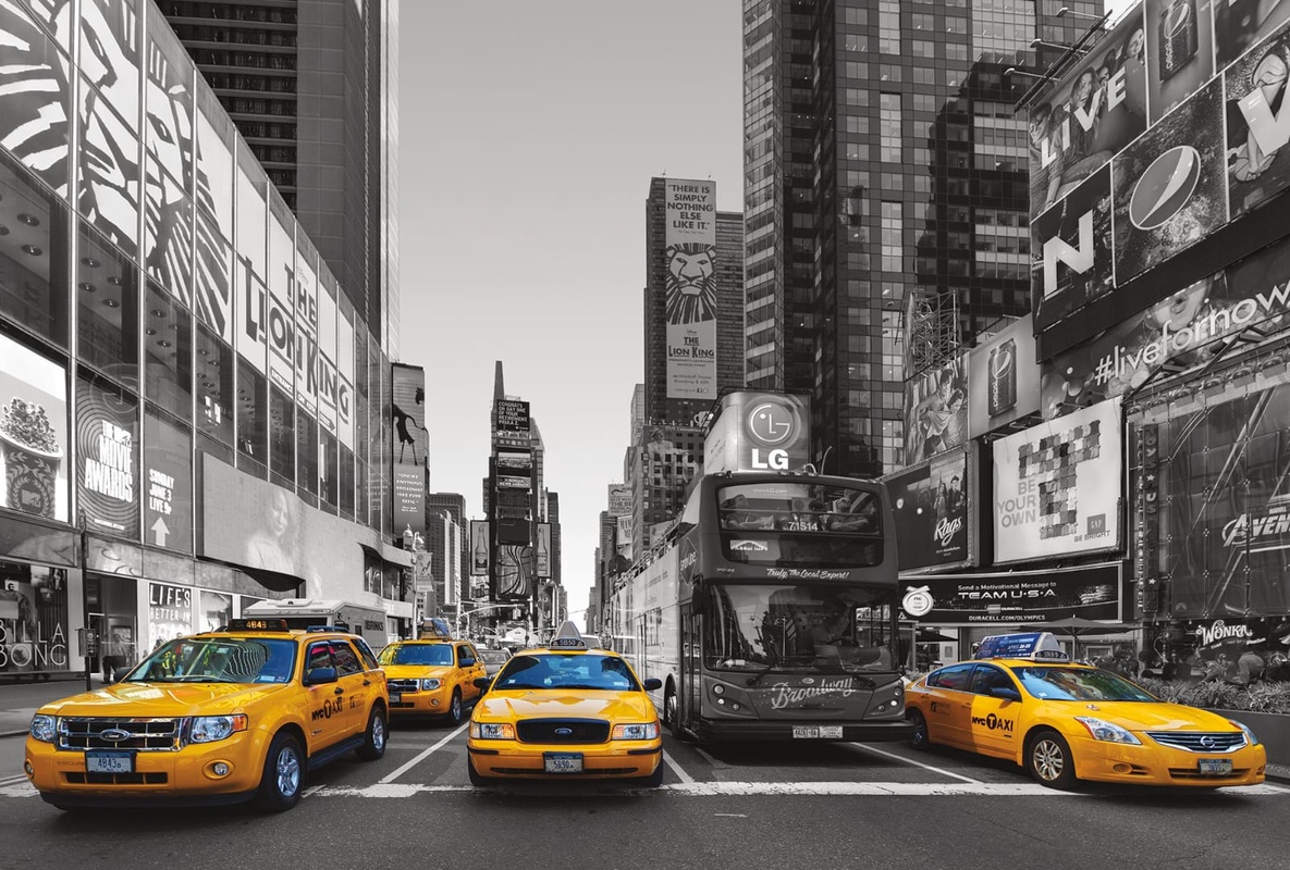 Фотообои и фрески на стену - в офис, мегаполис, город, черно-белые, желтые такси, расширяющие пространство
