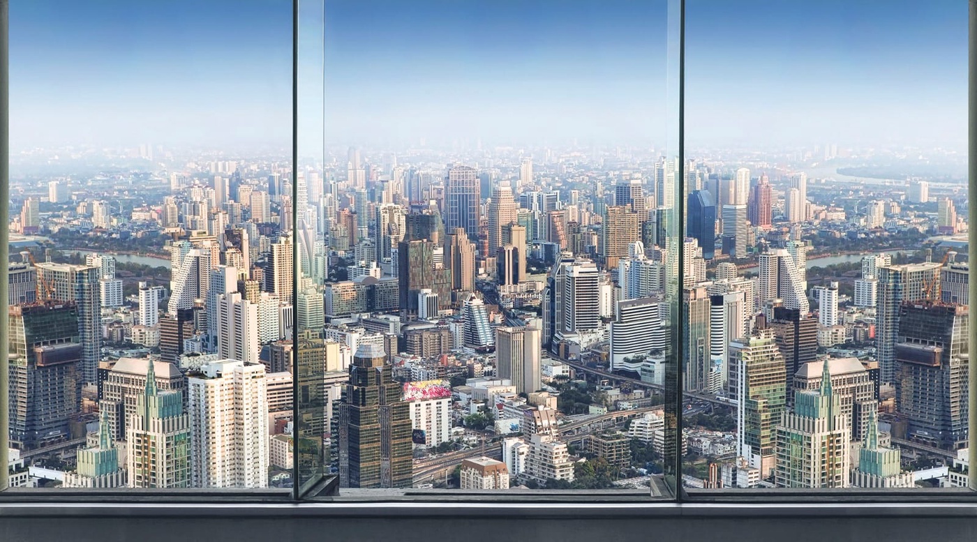 Фотообои и фрески на стену - в офис, мегаполис, город, панорама, окно, синий