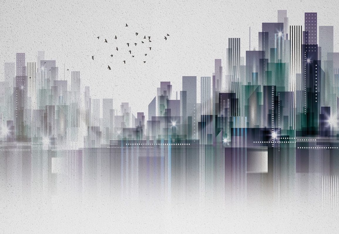 Фотообои и фрески на стену - в офис, мегаполис, город, серо-голубая, серо-бирюзовая