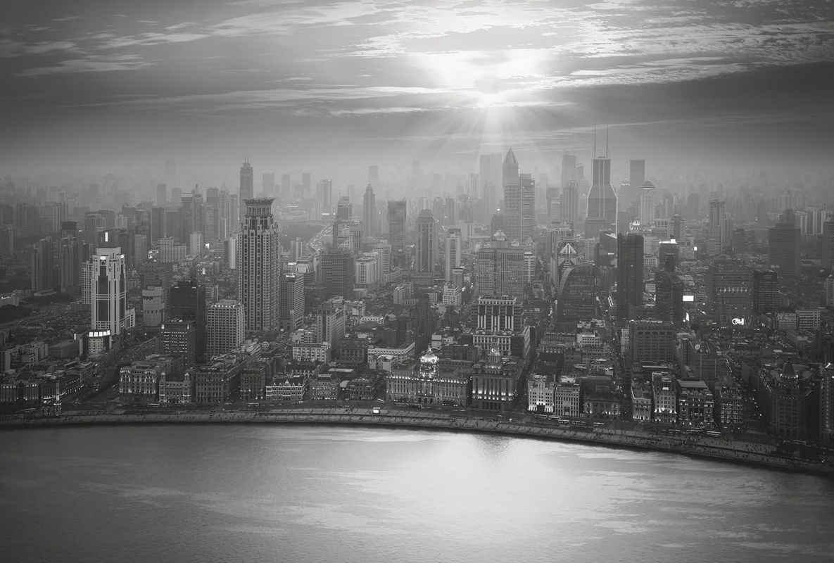 Фотообои и фрески на стену - в офис, мегаполис, город, черно-белые, панорама из окна, серые