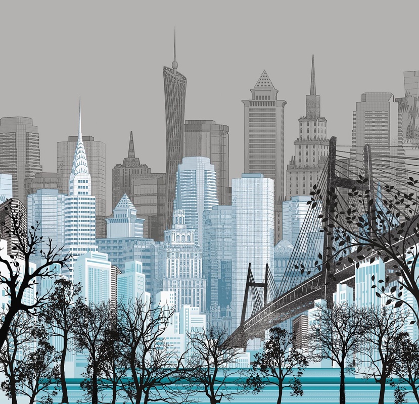 Фотообои и фрески на стену - в офис, мегаполис, город, голубая, серо-голубая