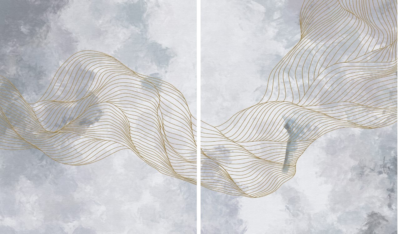 Фотообои и фрески на стену - флюиды, серая, золотые линии, парные