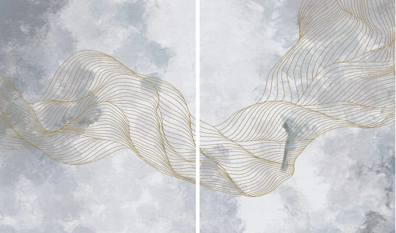 Фотообои и фрески на стену - флюиды, серая, золотые линии, парные
