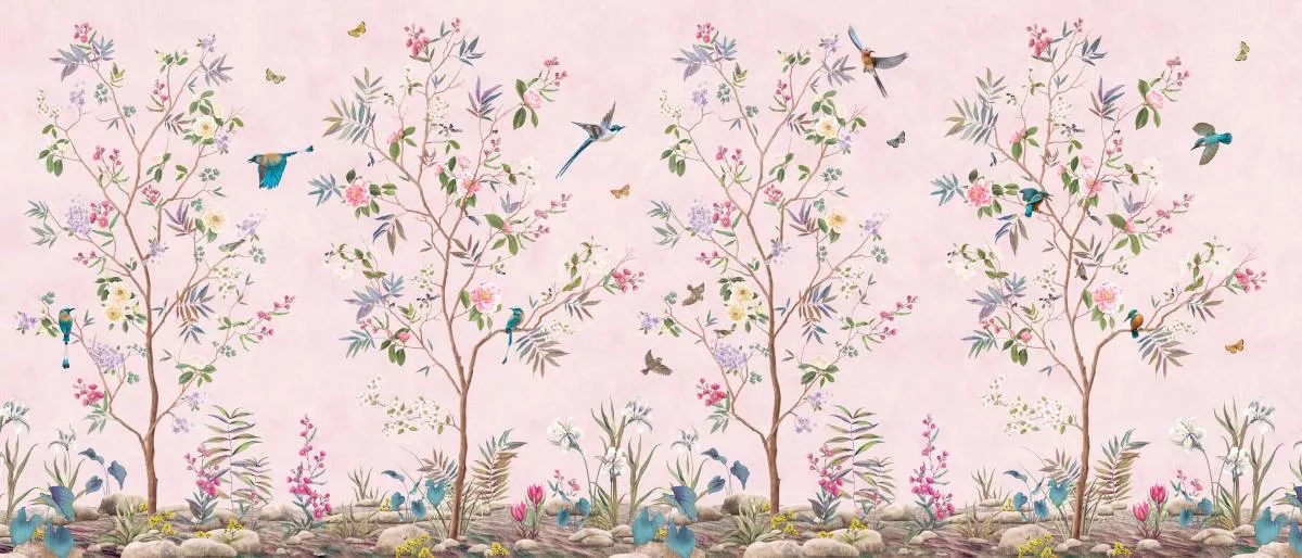 Фотообои и фрески на стену - шинуазри, бабочки, цветы, розовые, деревья