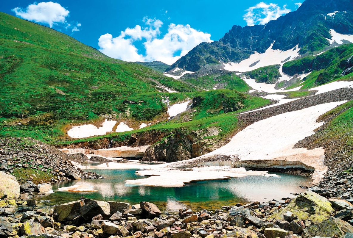 Фотообои и фрески на стену - пейзаж, горы, снег, зелень