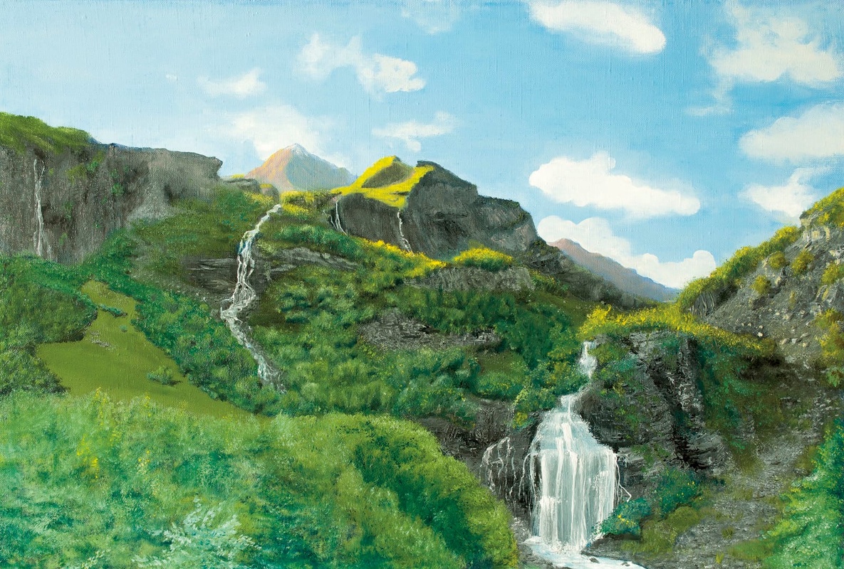 Фотообои на стену - пейзаж, горы, зеленые, водопад