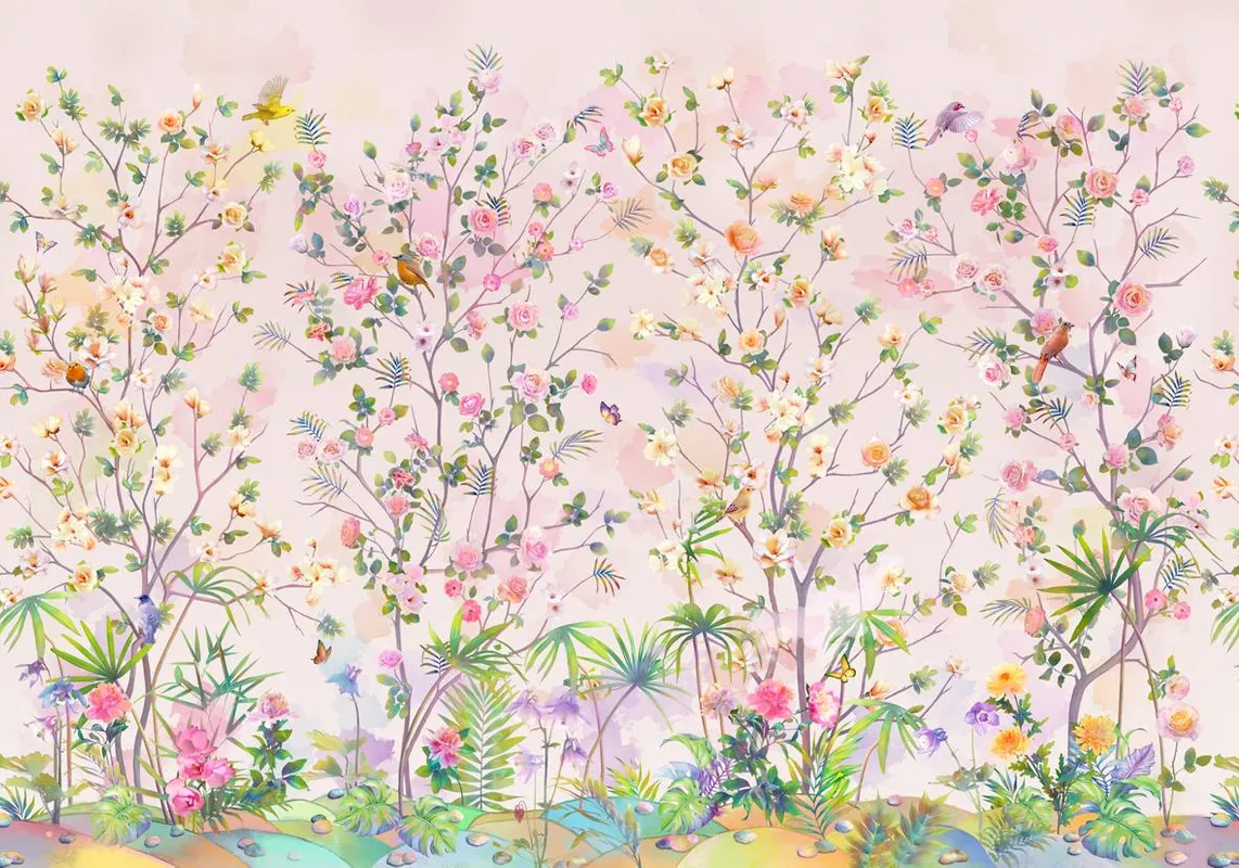 Фотообои и фрески на стену - кусты, деревья, цветы, розы, разноцветные, розовые, сад, кусты на розовом фоне, цветы на розовом фоне