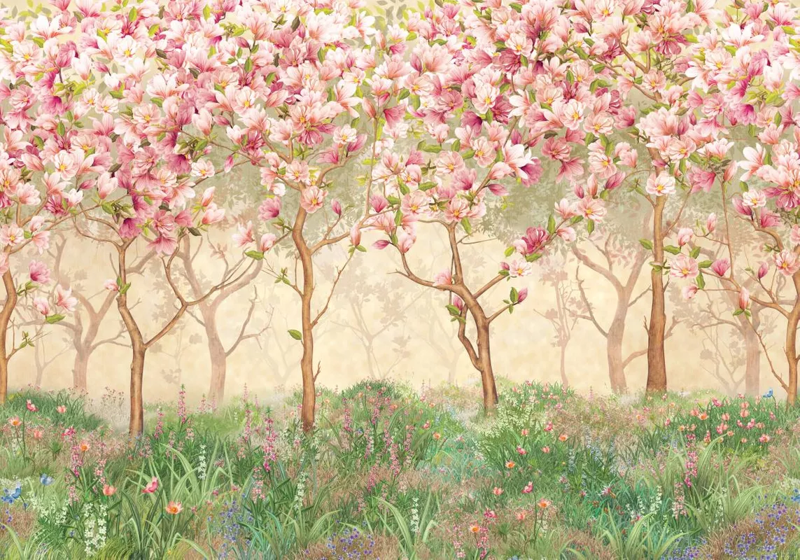 Фотообои и фрески на стену - магнолия, сад, зеленые, деревья в цвету, розовые