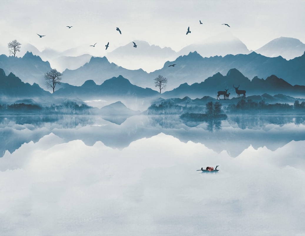 Фотообои на стену - пейзаж, горы, современные, бело-синие, серо-бирюзовые