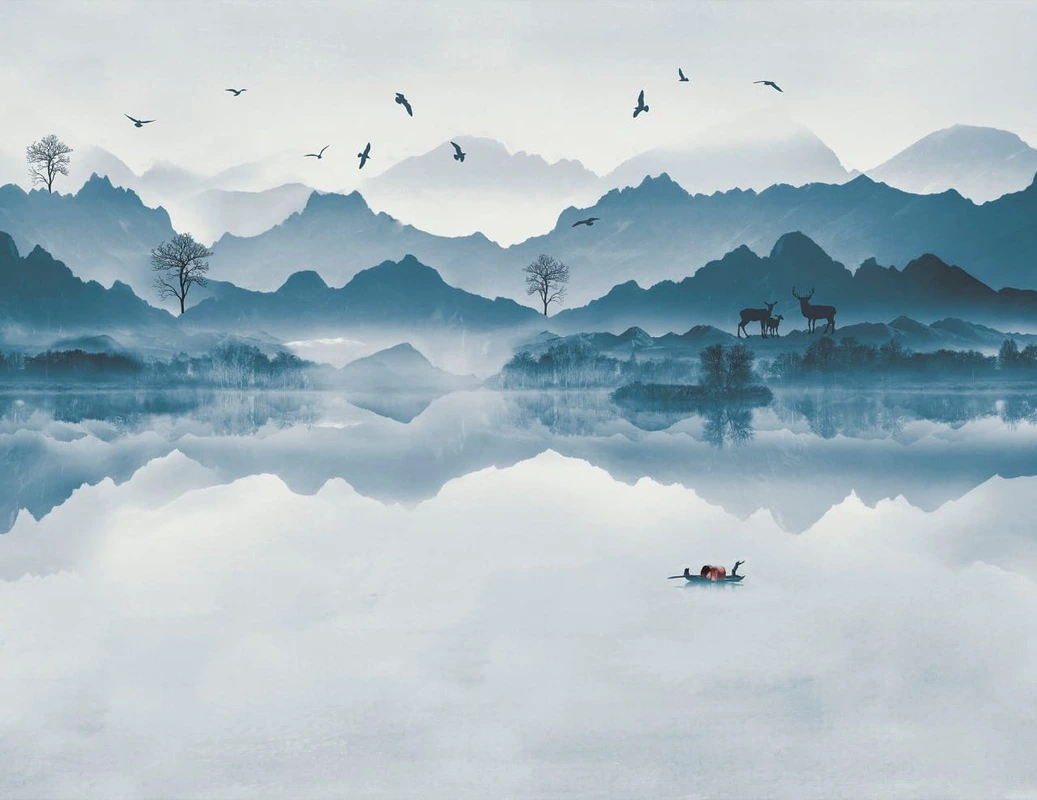 Фотообои на стену - пейзаж, горы, современные, бело-синие, серо-бирюзовые