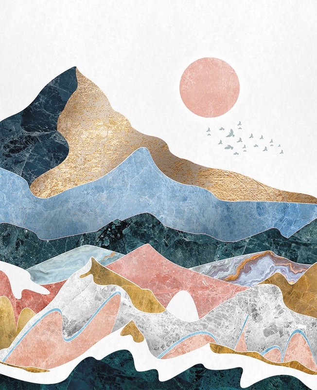 Фотообои и фрески на стену - пейзаж, горы, луна, розовая