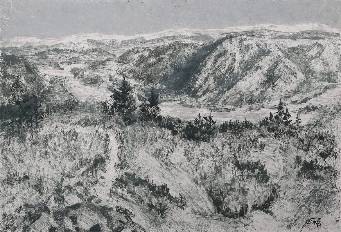 Фотообои и фрески на стену - пейзаж, горы, черно-белые, графика