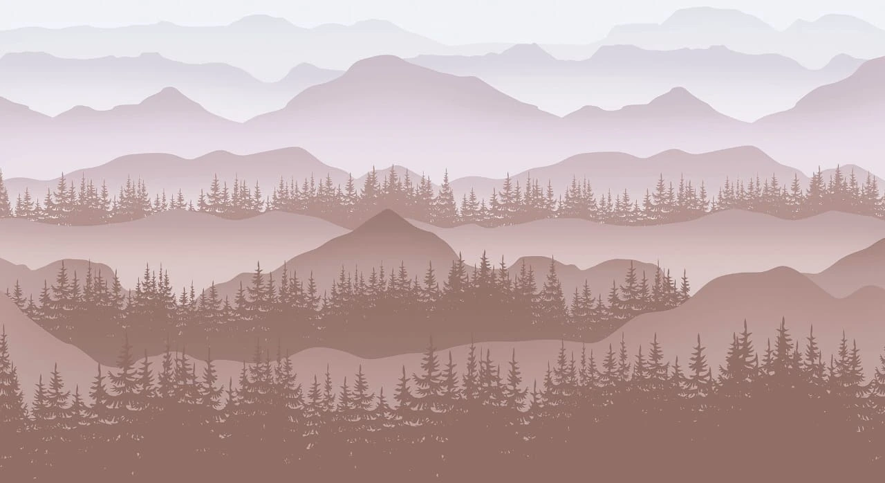 Фотообои и фрески на стену - пейзаж, горы, бежевые, лес, ели