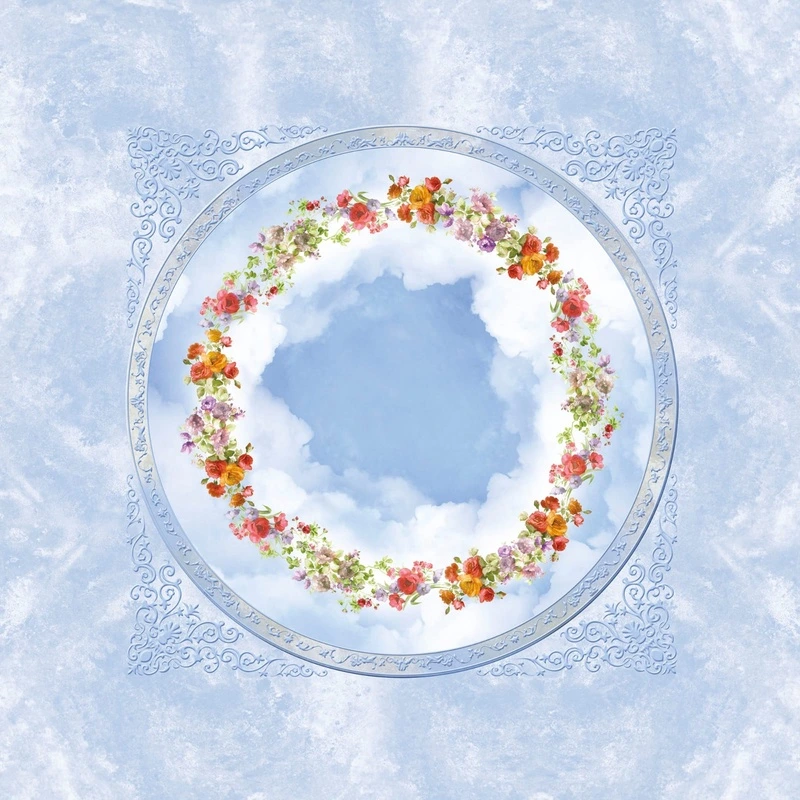 Фотообои на стену - потолок, квадратные, голубые, с венком из цветов