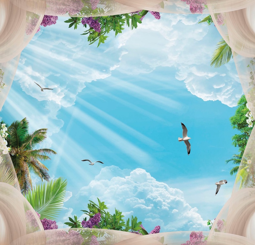 Фотообои и фрески на стену - потолок, овальный, с небом, с птицами