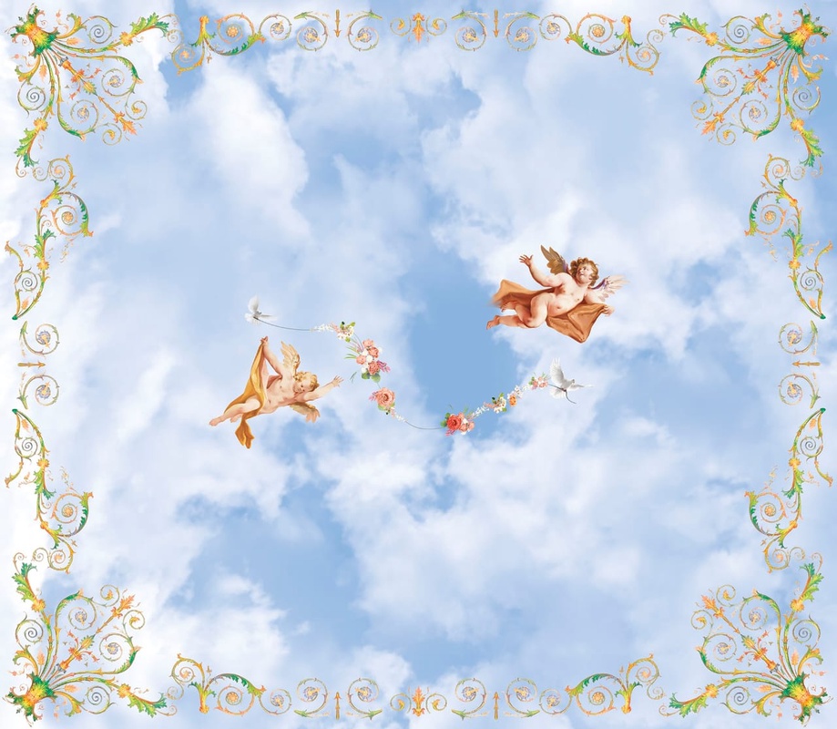 Фотообои и фрески на стену - потолок, квадратные, голубое небо, ангелы