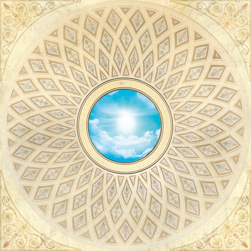 Фотообои на стену - потолок, квадратный, бежевые, узоры, розетка с небом