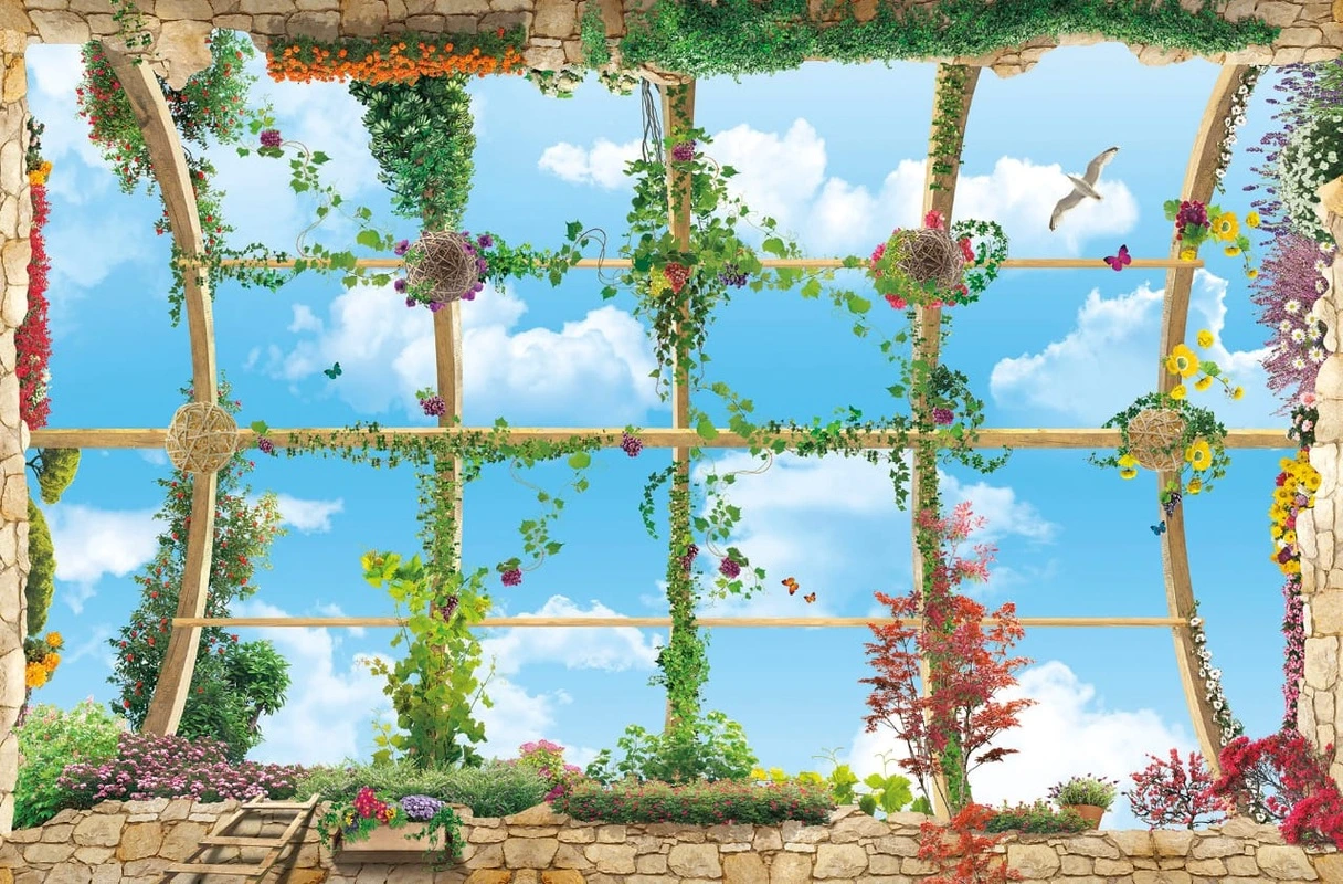 Фотообои и фрески на стену - потолок, прямоугольный, пергола, небо, растения