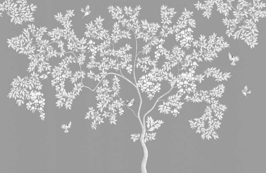 Фотообои на стену - графика, дерево, на сером фоне