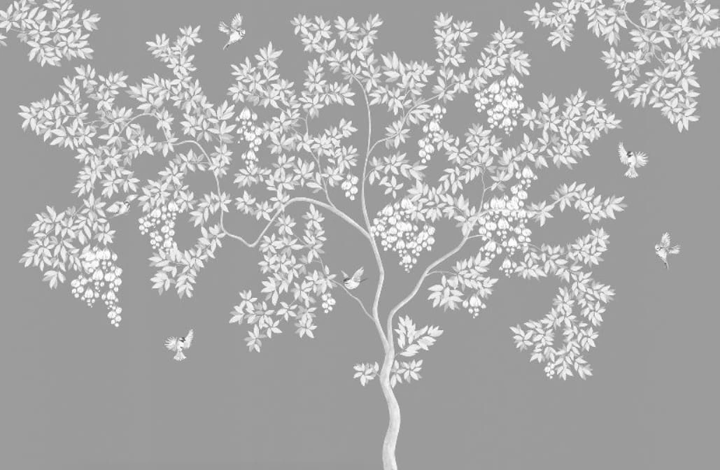 Фотообои на стену - графика, дерево, на сером фоне