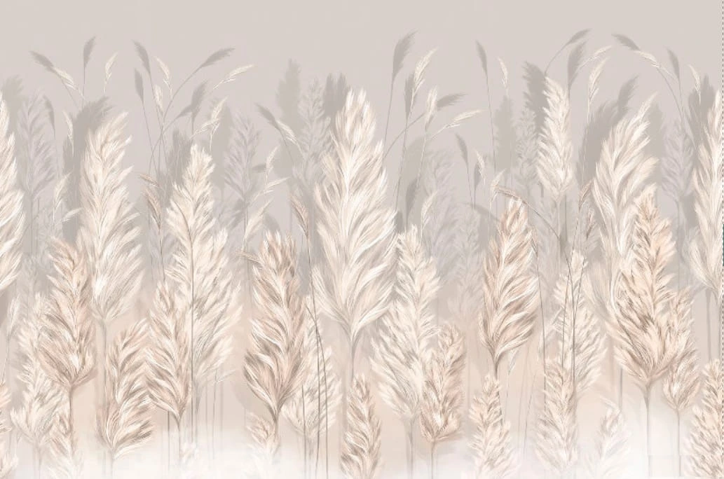 Фотообои и фрески на стену - графика, бежевые, колосья, перья