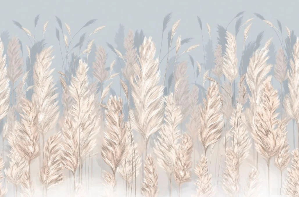 Фотообои и фрески на стену - современные, голубая, колосья, трава, перья