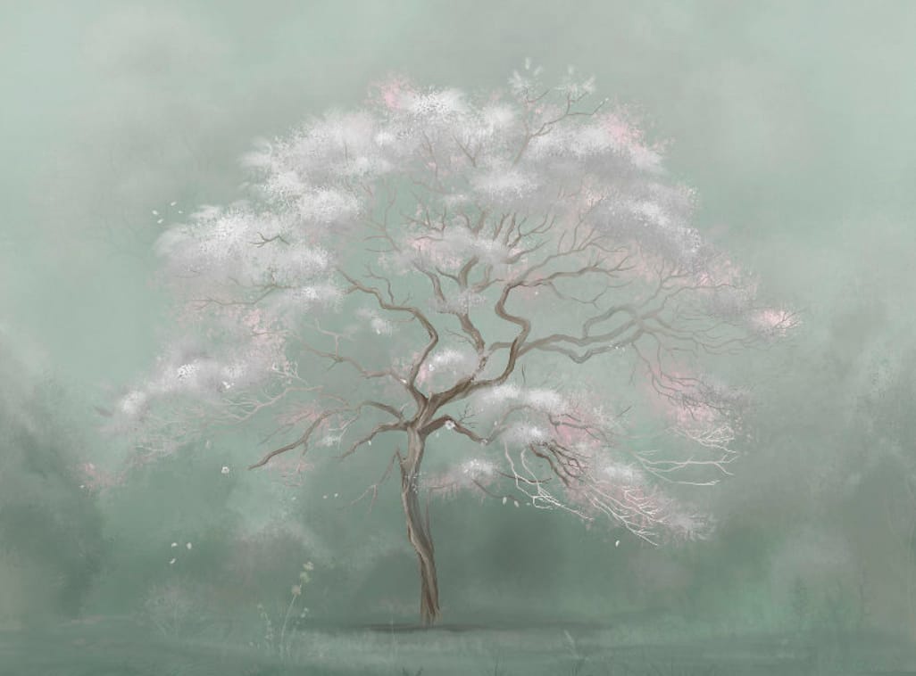 Фотообои на стену - современные, дерево, на салатовом фоне, белое